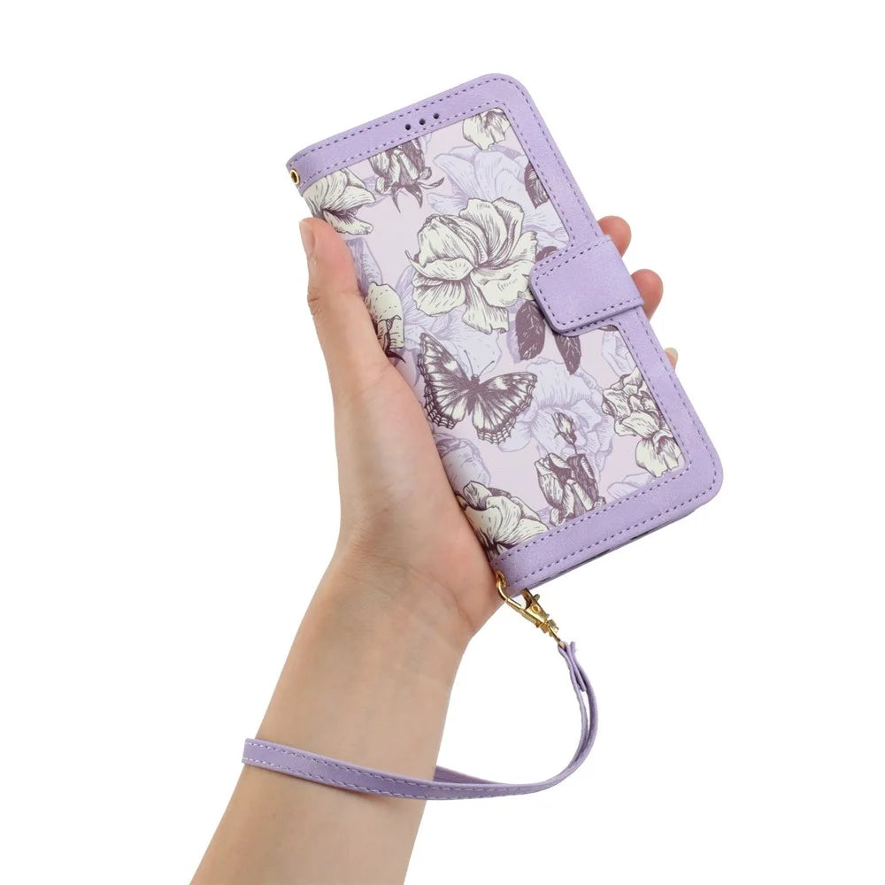 For Samsung Galaxy S23+ Card Holder Phone Case PU Leather Flower Pattern Printing Stand Cover - Light Purple - 7