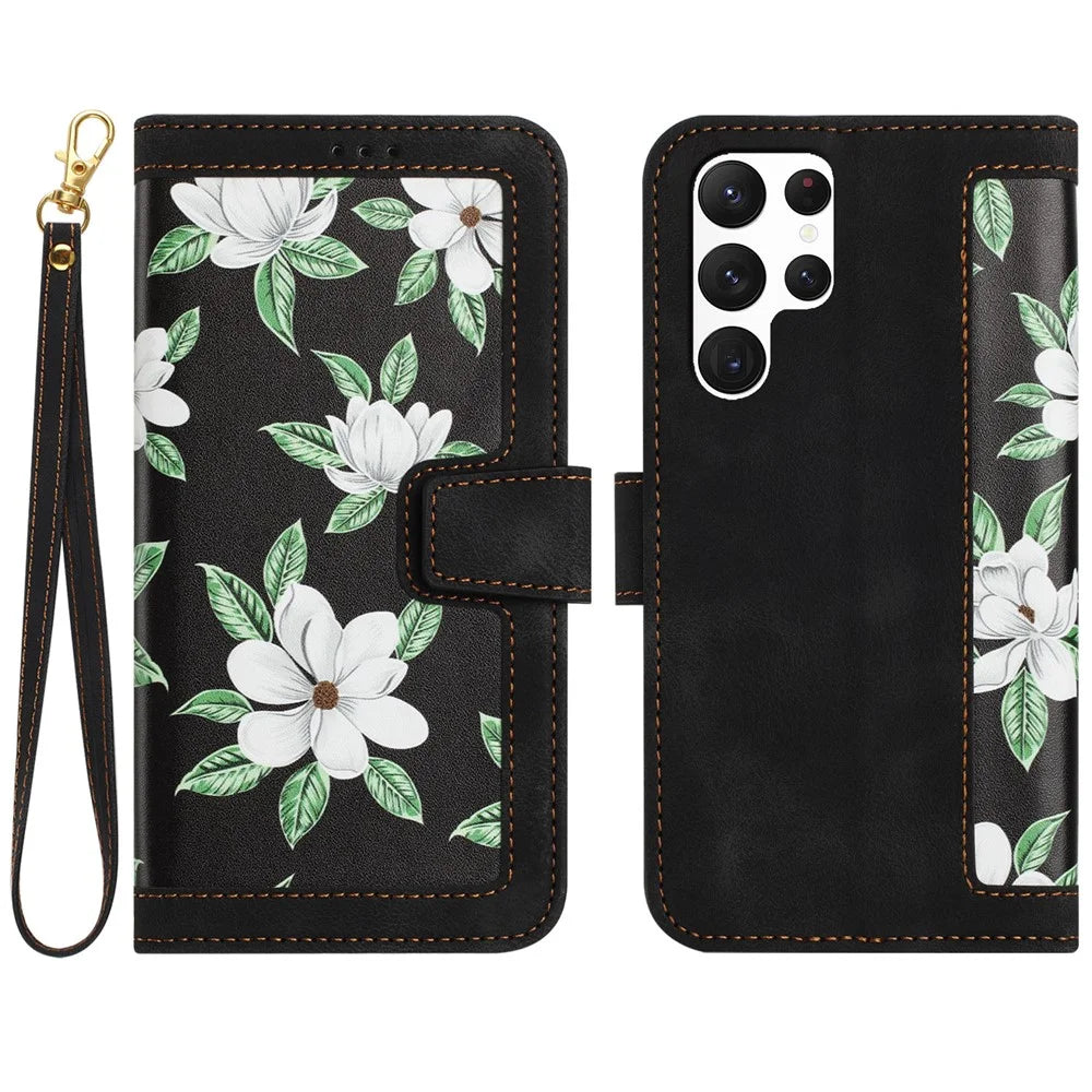 For Samsung Galaxy S23 Ultra PU Leather Case Flower Pattern Printing Card Holder Phone Stand Cover - Black - 1