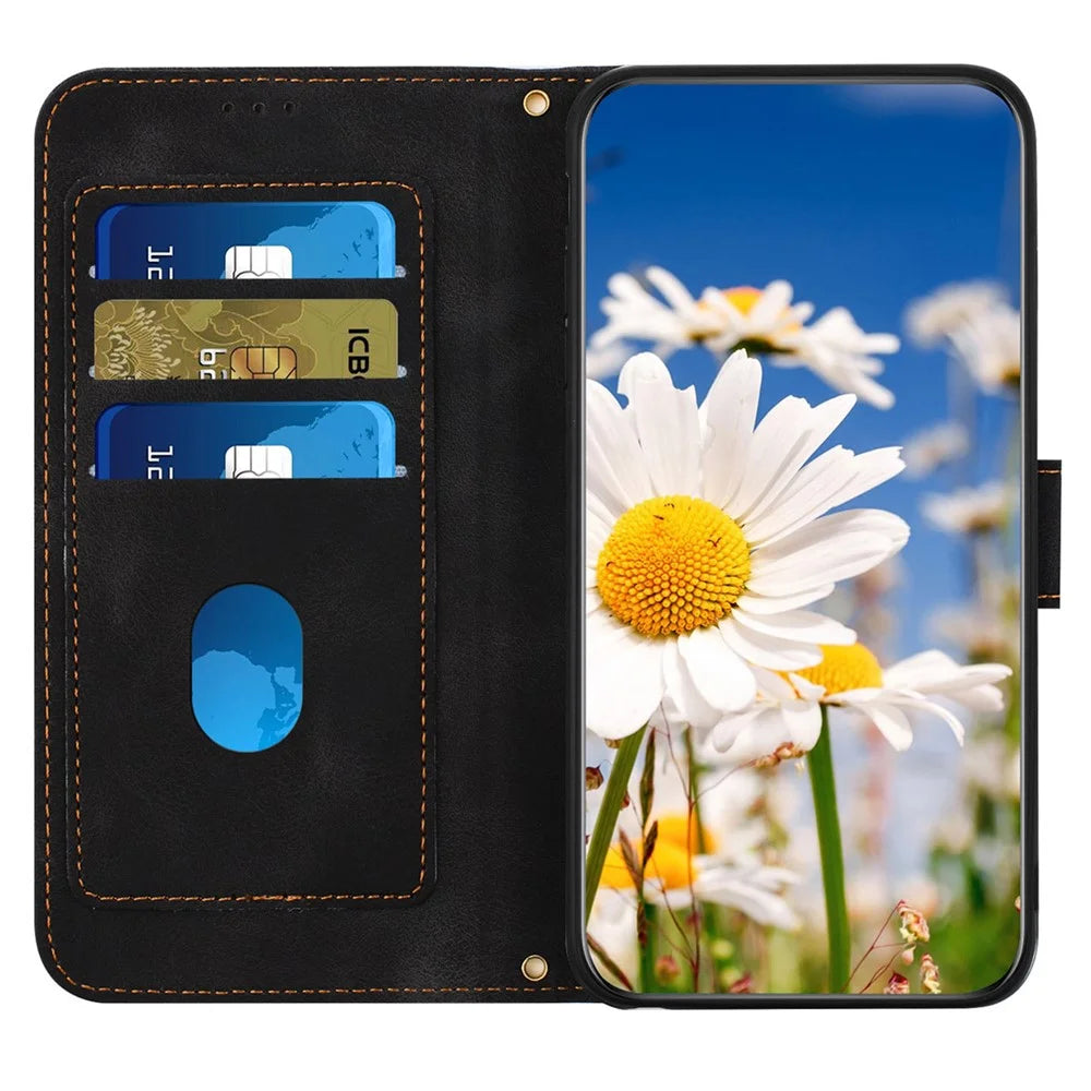 For Samsung Galaxy S23 Ultra PU Leather Case Flower Pattern Printing Card Holder Phone Stand Cover - Black - 3