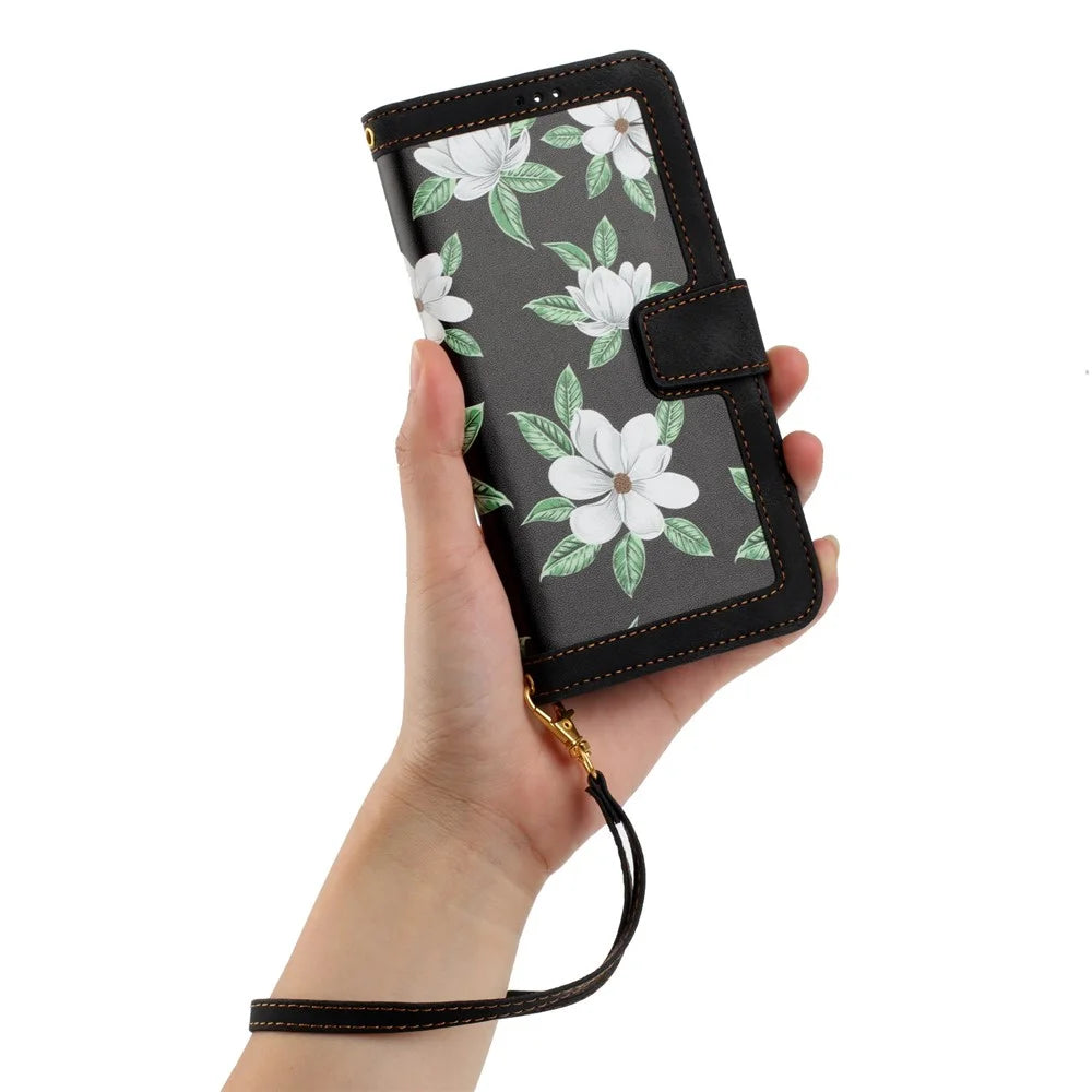 For Samsung Galaxy S23 Ultra PU Leather Case Flower Pattern Printing Card Holder Phone Stand Cover - Black - 7