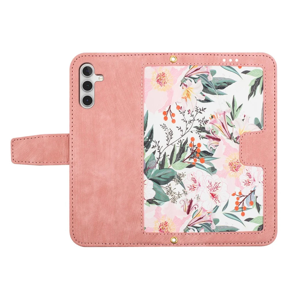 For Samsung Galaxy A14 4G / 5G Phone Case Flower Pattern Printing PU Leather Stand Cover with Card Holder - Pink - 5
