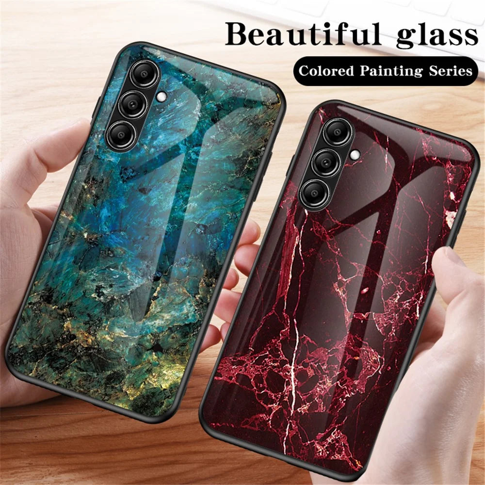 For Samsung Galaxy S23 FE Marble Pattern Phone Case Tempered Glass+PC Back TPU Frame Protective Cover - Blood Red Marble - 3