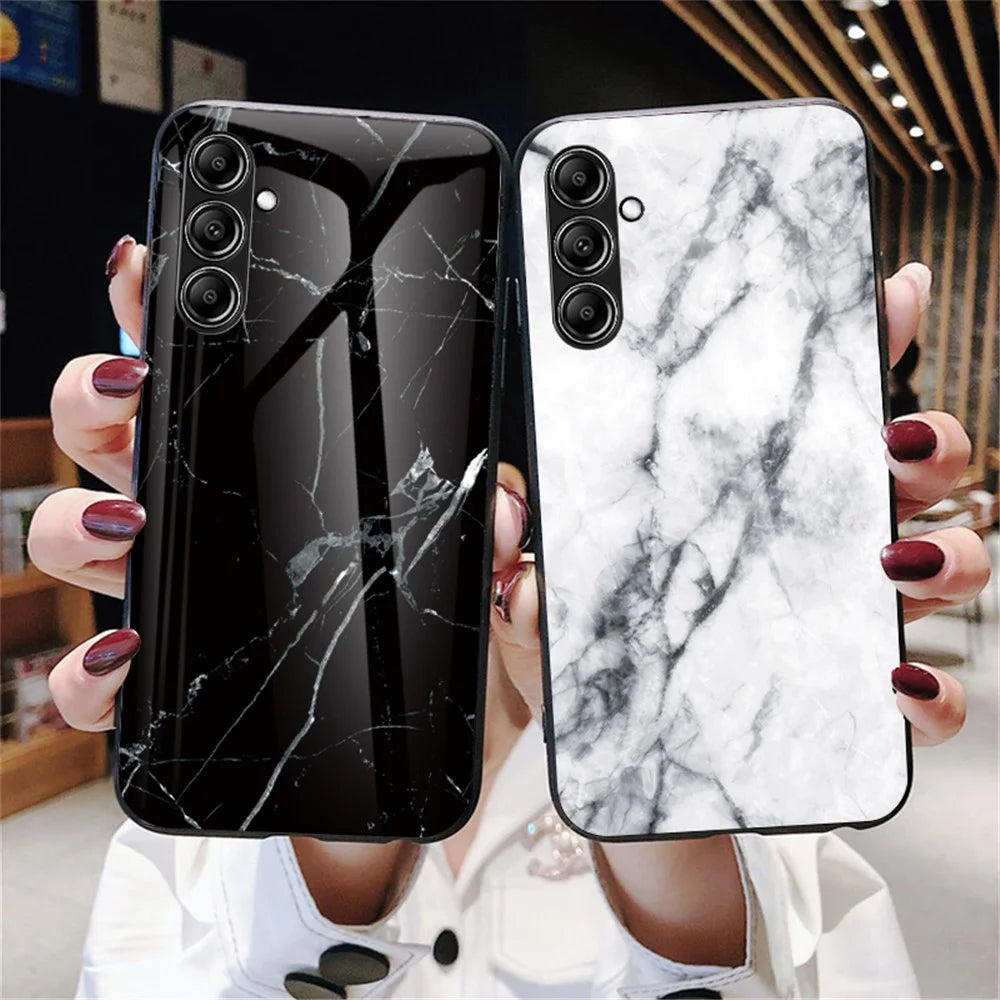 For Samsung Galaxy S23 FE Marble Pattern Phone Case Tempered Glass+PC Back TPU Frame Protective Cover - Blood Red Marble - 6
