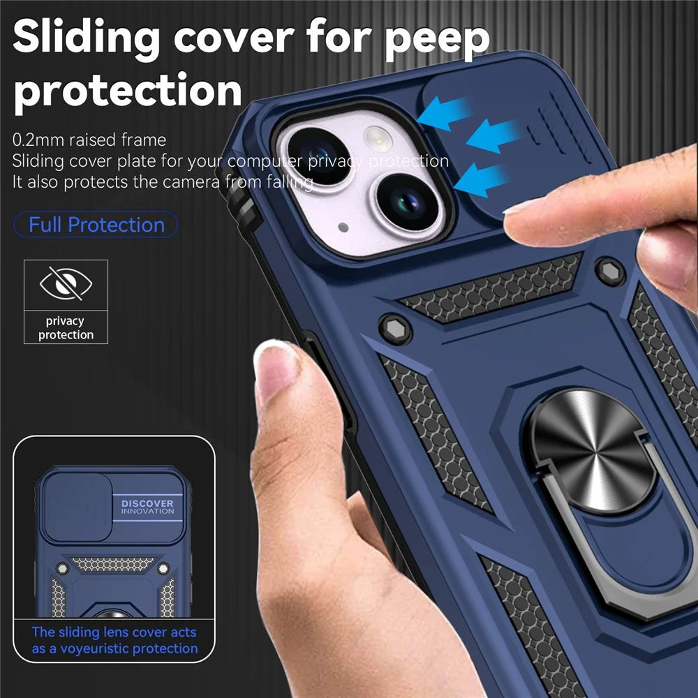 Phone Case for iPhone 15 Slide Camera Protector Metal Ring Kickstand Anti-scratch PC + TPU Cover - Blue - 5