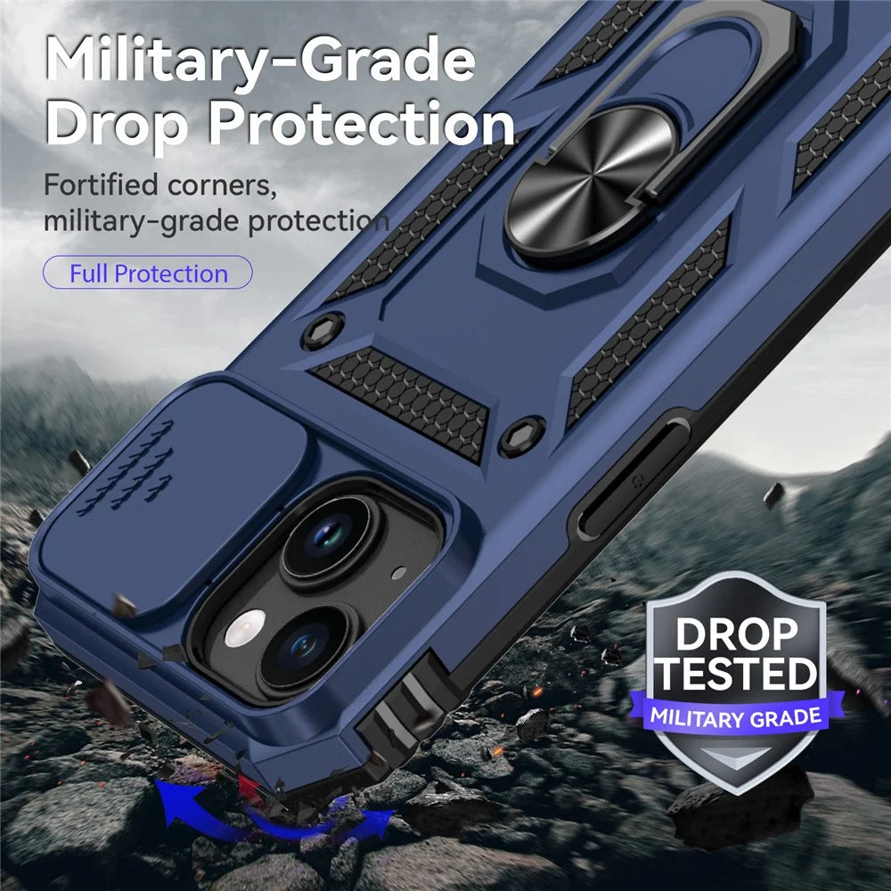 Phone Case for iPhone 15 Slide Camera Protector Metal Ring Kickstand Anti-scratch PC + TPU Cover - Blue - 7