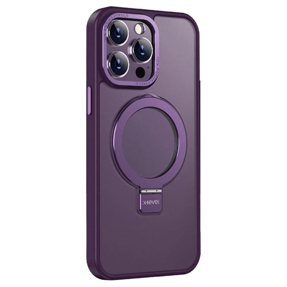 X-LEVEL Kickstand Phone Case for iPhone 15 Pro Max Metal Lens Frame+TPU+PC Anti-Fall Cover Compatible with MagSafe - Purple - 1