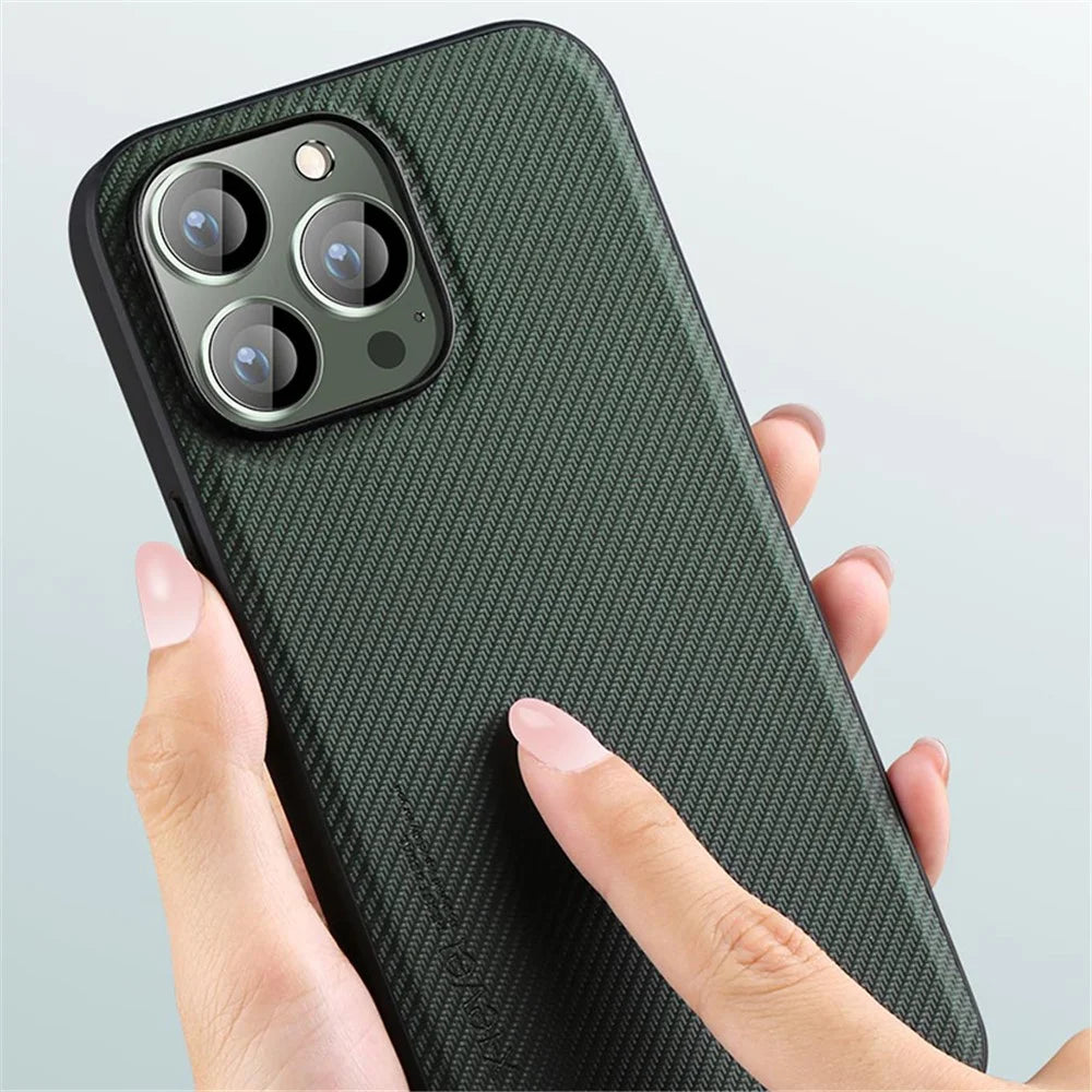 X-LEVEL Aramid Fiber II Series Phone Case for iPhone 15 Pro Max Carbon Fiber Texture PU+TPU Anti-Fall Cell Phone Cover - Green - 5