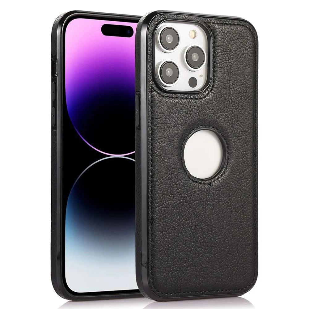 Slim Phone Shell for iPhone 15 Pro Shockproof PU+TPU Case Anti-Fall Logo View Phone Cover - Black - 1