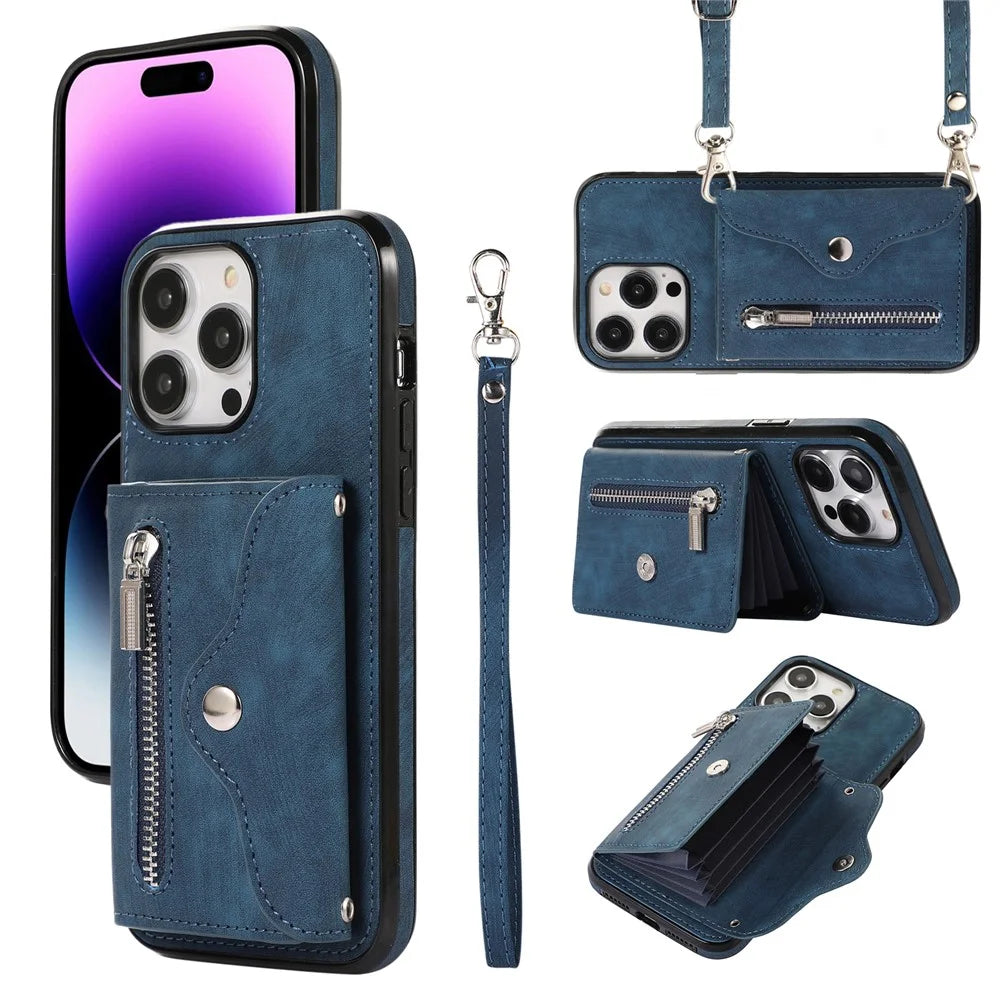 For iPhone 15 Pro RFID Blocking PU Leather + TPU Phone Case Zipper Pocket Card Slots Protective Cover with 2 Straps - Blue - 1