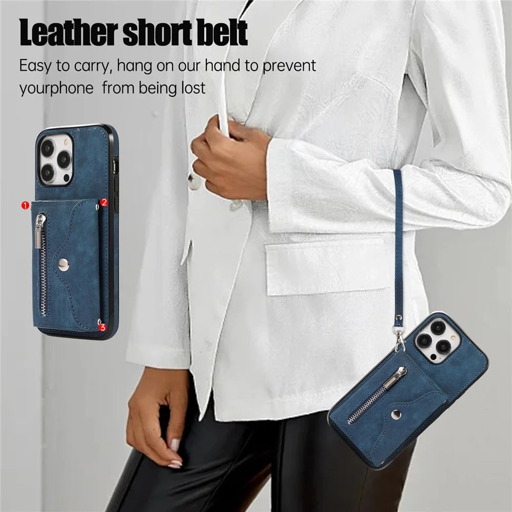 For iPhone 15 Pro RFID Blocking PU Leather + TPU Phone Case Zipper Pocket Card Slots Protective Cover with 2 Straps - Blue - 4
