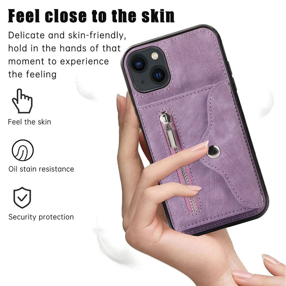 For iPhone 15 Zipper Pocket PU Leather + TPU Phone Case RFID Blocking Card Slots Cover with 2 Straps - Purple - 4