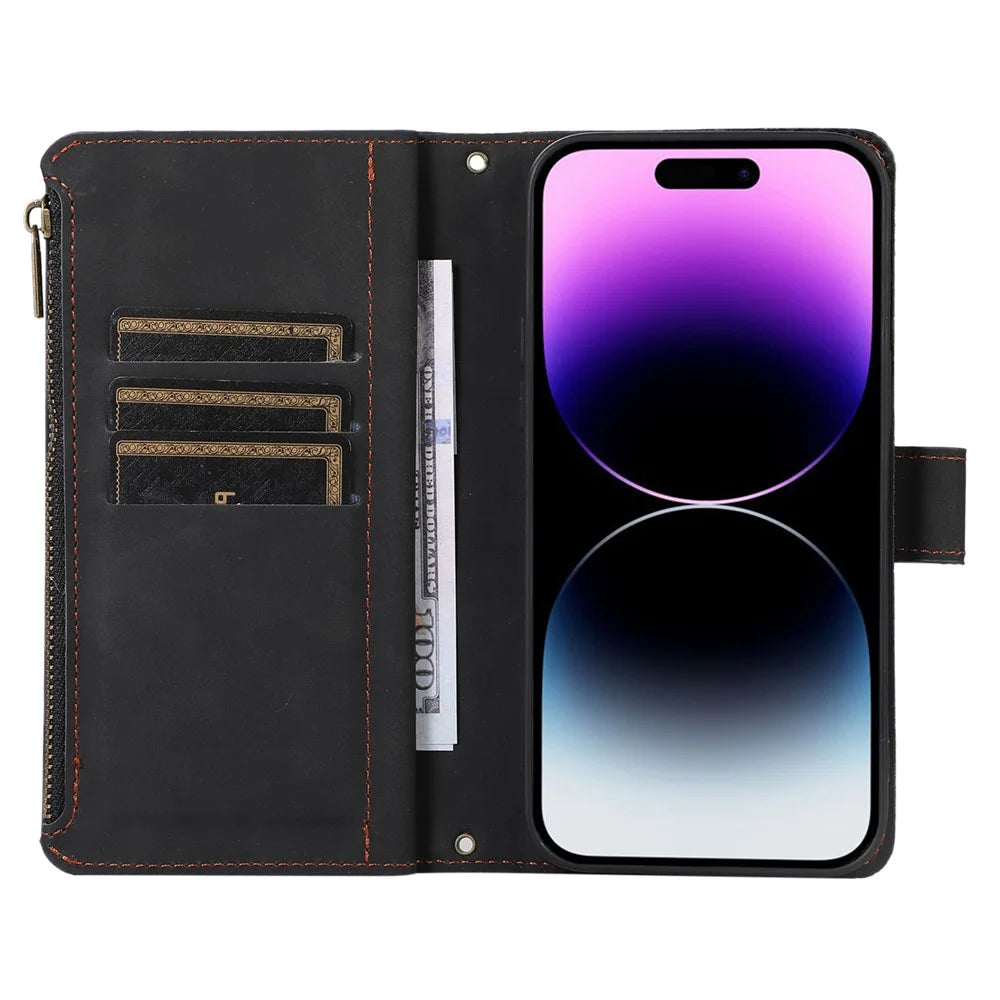 For iPhone 15 Plus Flip Wallet Stand Case 9 Card Slots Zipper Pocket Phone Cover with Wrist+Shoulder Straps - Black - 2