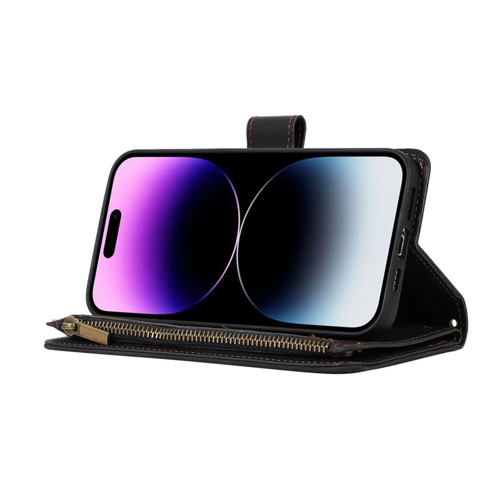 For iPhone 15 Plus Flip Wallet Stand Case 9 Card Slots Zipper Pocket Phone Cover with Wrist+Shoulder Straps - Black - 3