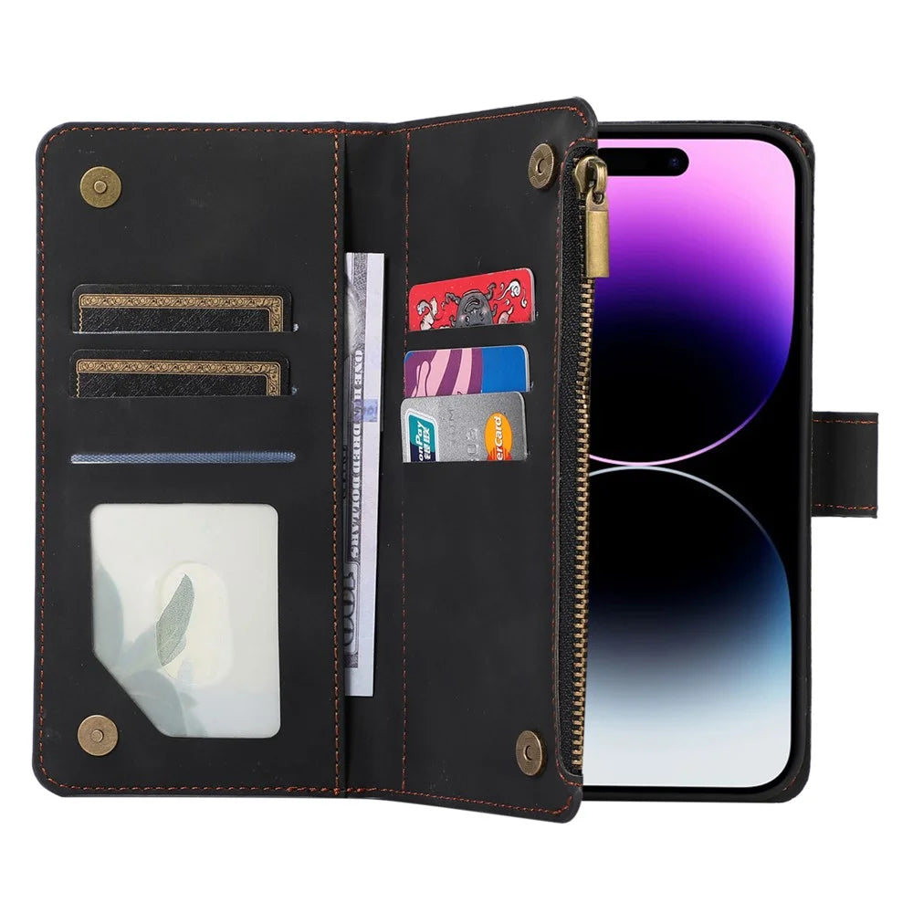 For iPhone 15 Plus Flip Wallet Stand Case 9 Card Slots Zipper Pocket Phone Cover with Wrist+Shoulder Straps - Black - 4
