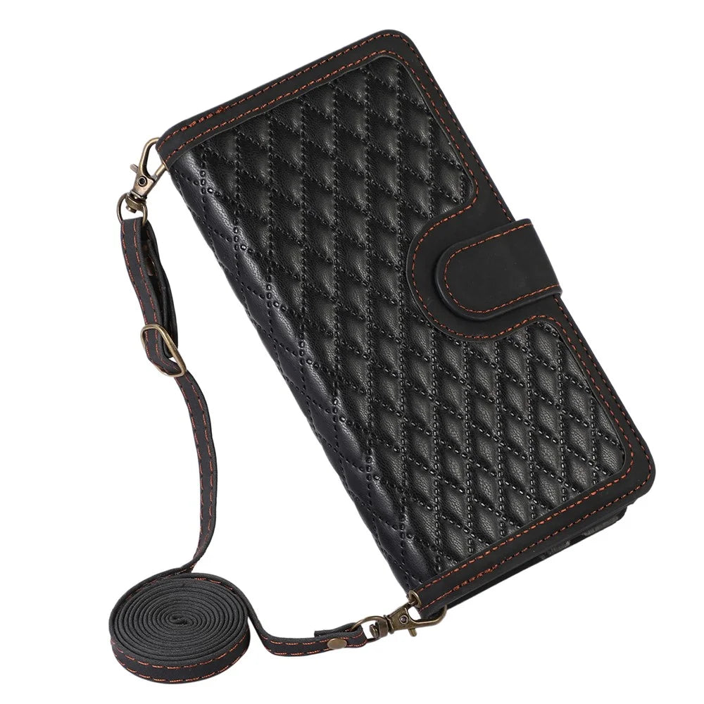 For iPhone 15 Plus Flip Wallet Stand Case 9 Card Slots Zipper Pocket Phone Cover with Wrist+Shoulder Straps - Black - 6