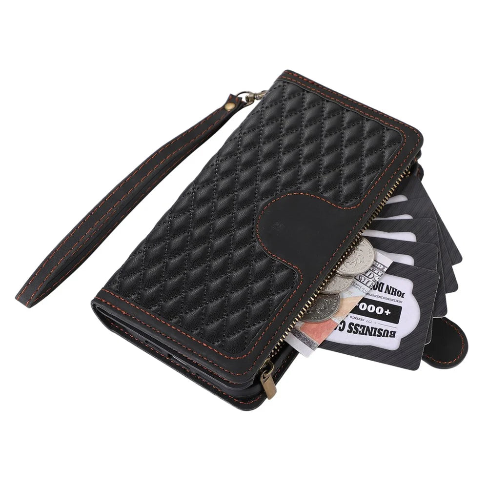 For iPhone 15 Plus Flip Wallet Stand Case 9 Card Slots Zipper Pocket Phone Cover with Wrist+Shoulder Straps - Black - 7