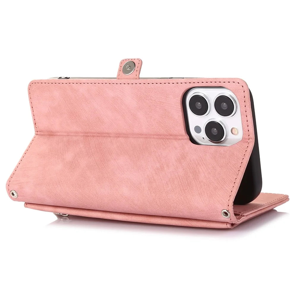 For iPhone 15 Pro Max Cell Phone Case 9 Card Slots Zipper Pocket Multifunction PU Leather Wallet Phone Cover - Rose Gold - 4
