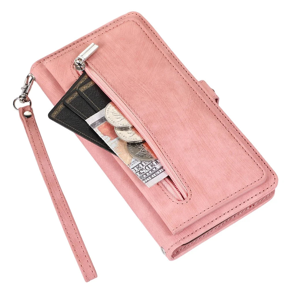 For iPhone 15 Pro Max Cell Phone Case 9 Card Slots Zipper Pocket Multifunction PU Leather Wallet Phone Cover - Rose Gold - 7