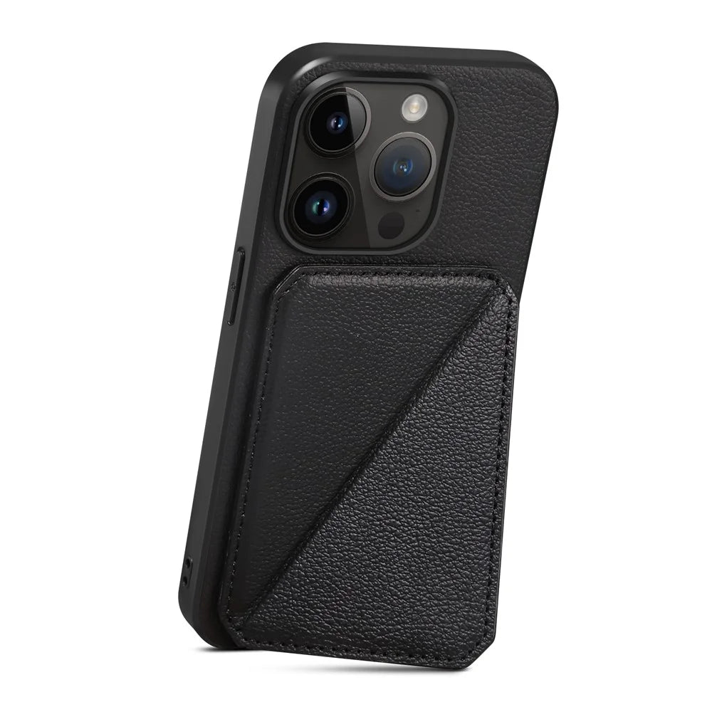 Protective Phone Case for iPhone 15 Pro Card Slot Kickstand Case Calf Texture PU+PC+TPU Phone Cover - Black - 2