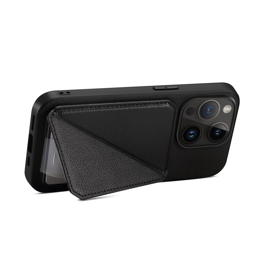 Protective Phone Case for iPhone 15 Pro Card Slot Kickstand Case Calf Texture PU+PC+TPU Phone Cover - Black - 3