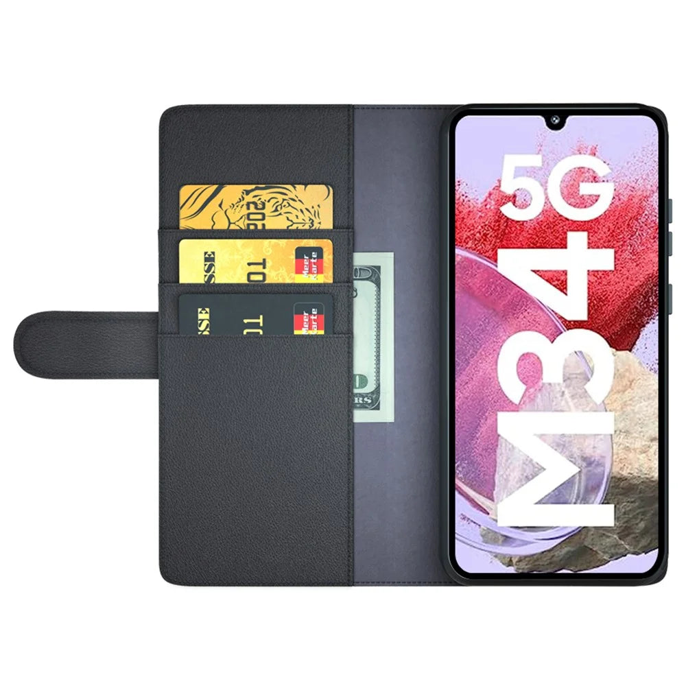 For Samsung Galaxy F34 5G / M34 5G Case Genuine Split Leather Phone Cover with Wallet Stand - Black - 2