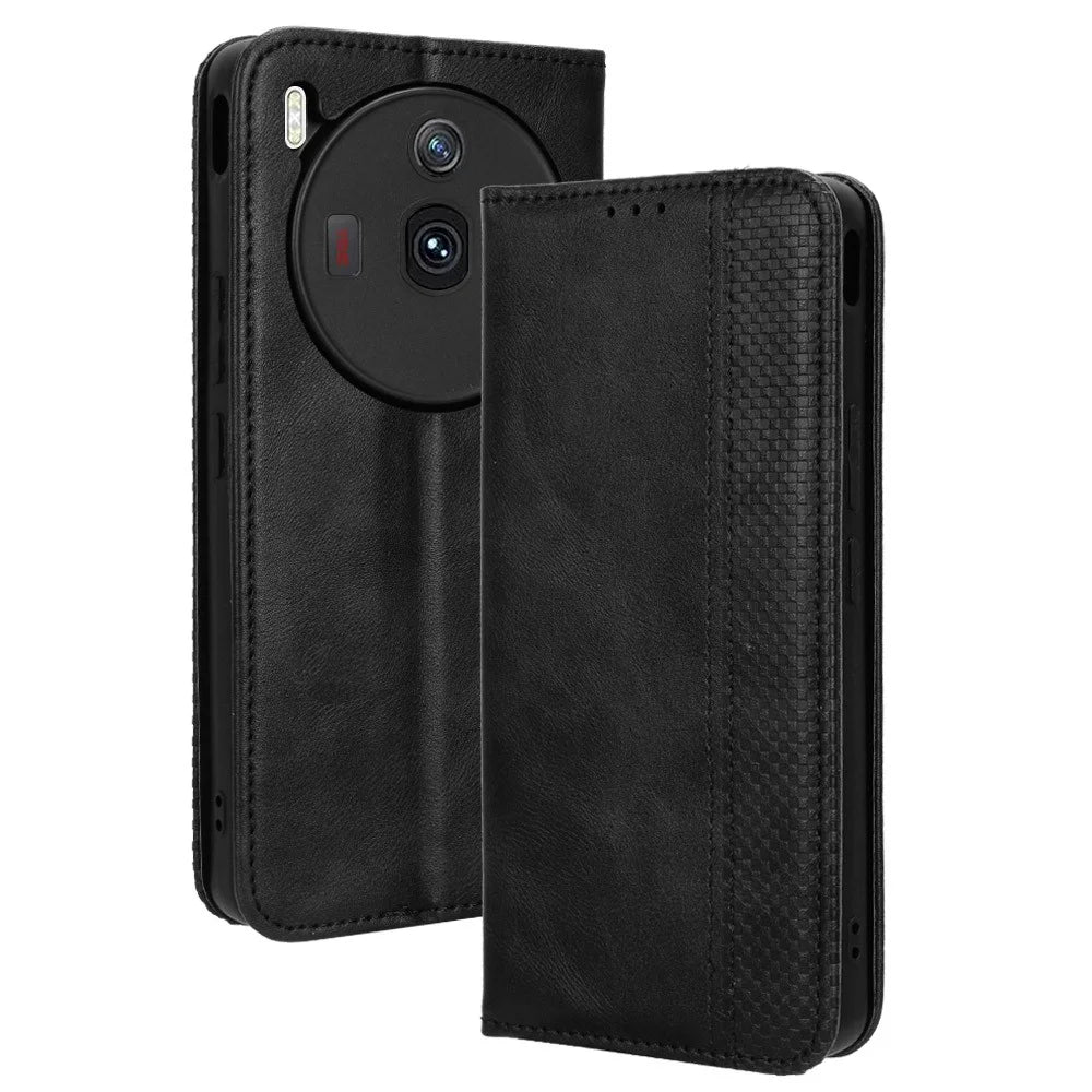 For ZTE nubia Z50S Pro 5G Retro Texture Wallet Case PU Leather Stand Magnetic Flip Phone Cover - Black - 1