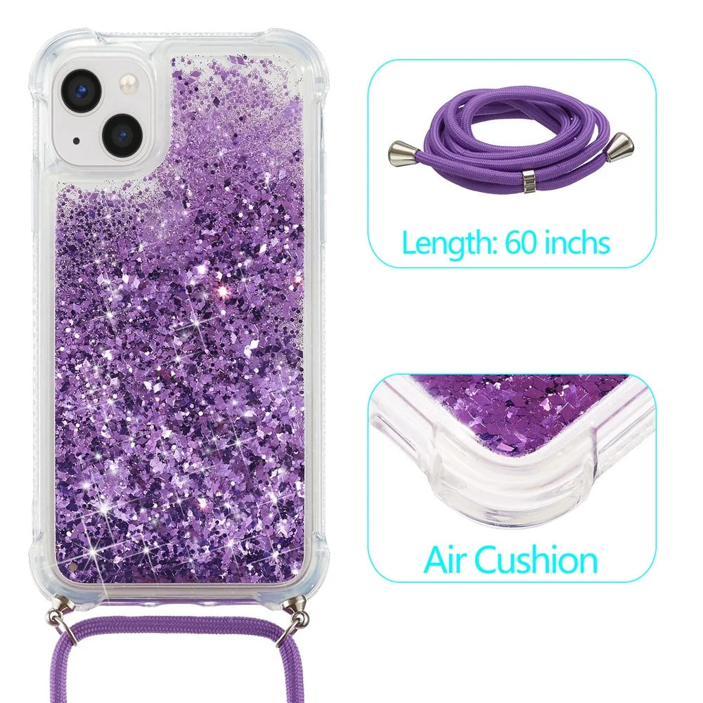 For iPhone 15 Plus TPU Cell Phone Case Mobile Phone Cover Liquid Sequins Decor Shell with Long Strap - Purple - 2