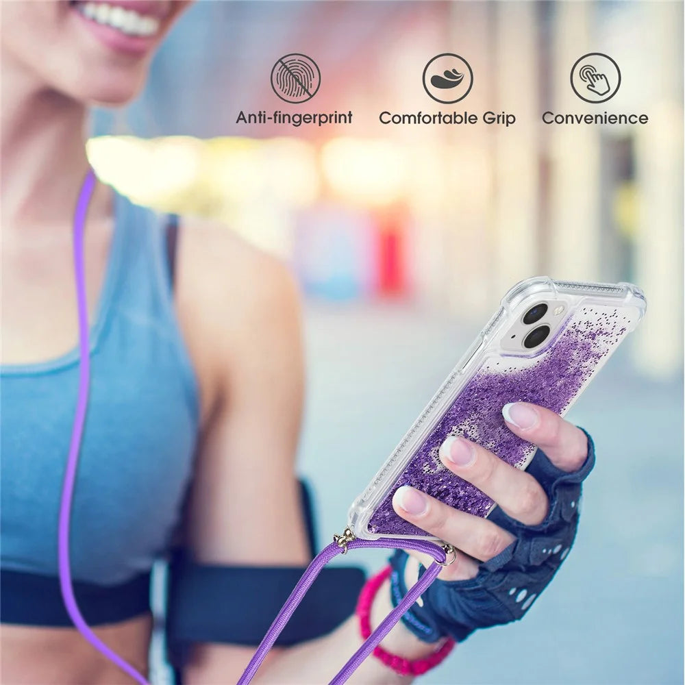 For iPhone 15 Plus TPU Cell Phone Case Mobile Phone Cover Liquid Sequins Decor Shell with Long Strap - Purple - 4