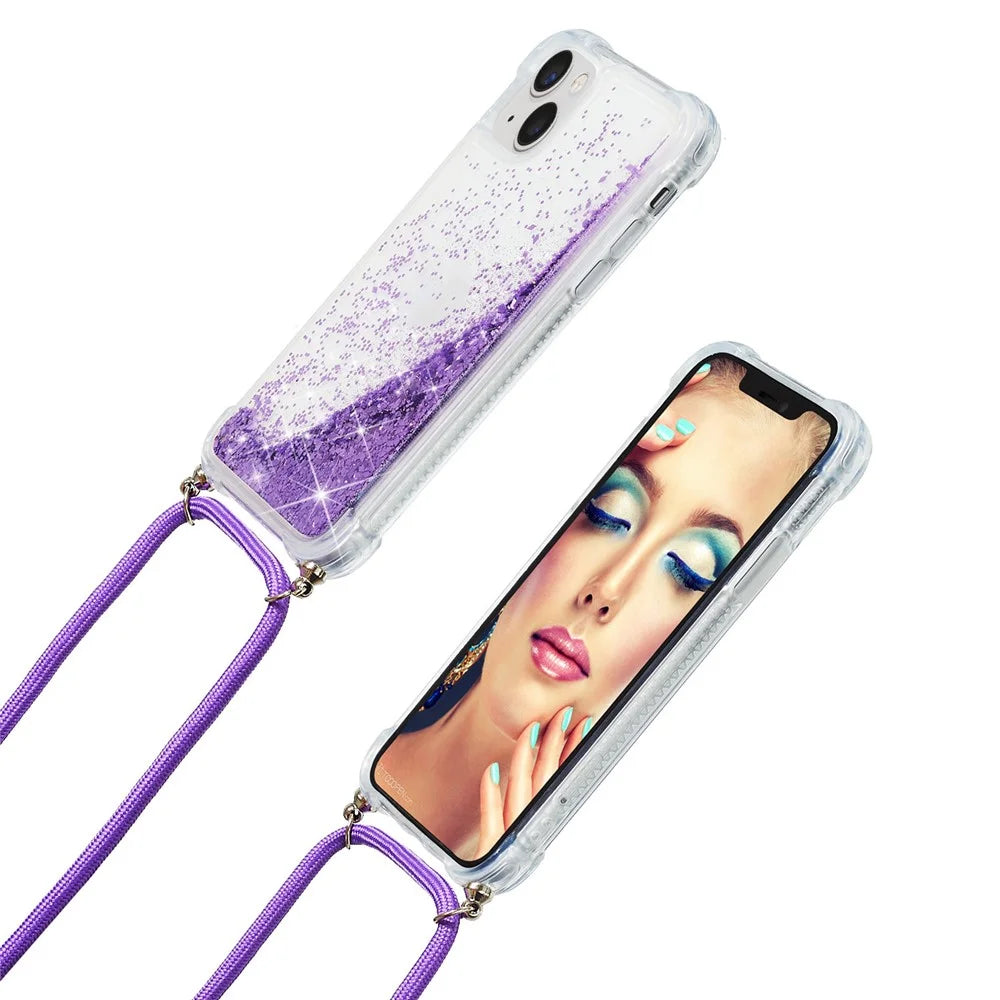 For iPhone 15 Plus TPU Cell Phone Case Mobile Phone Cover Liquid Sequins Decor Shell with Long Strap - Purple - 5