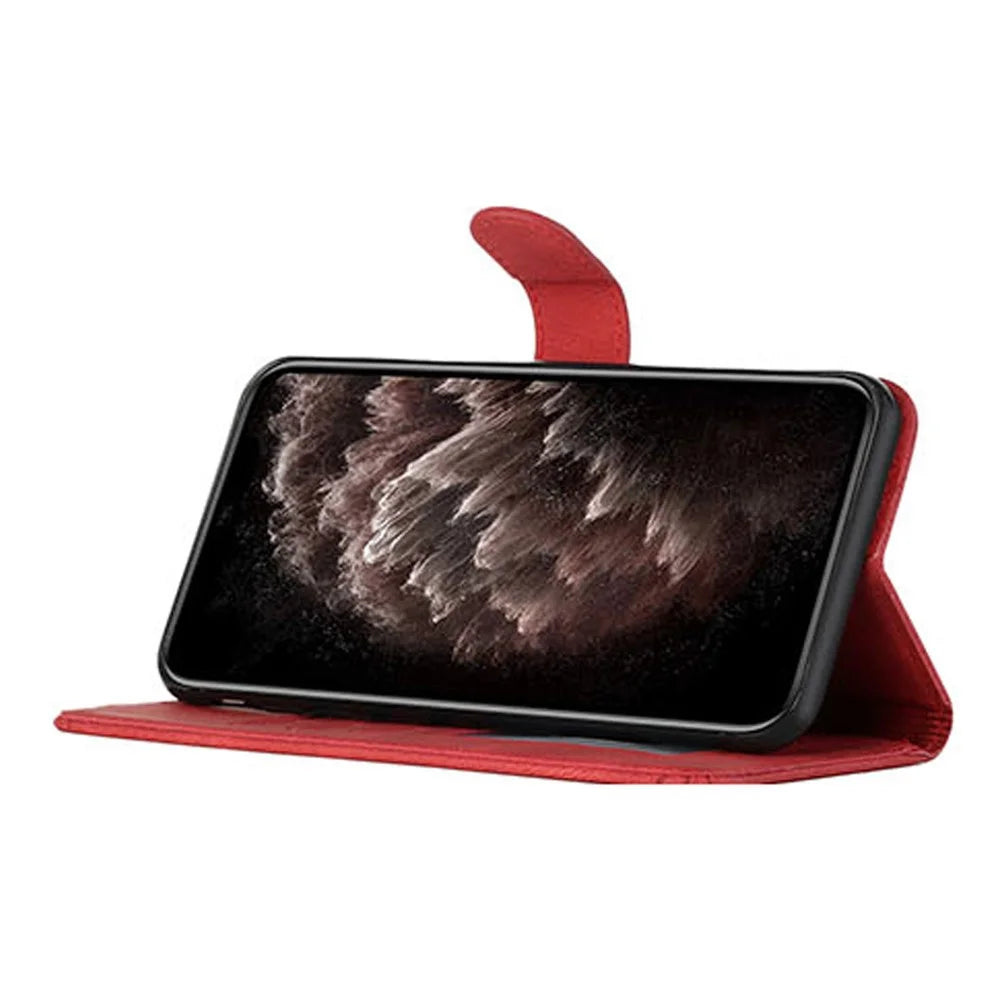 YX0010 Series for iPhone 15 Pro Imprinted Cell Phone Wallet Cover Folding Stand PU Leather Case - Red - 3