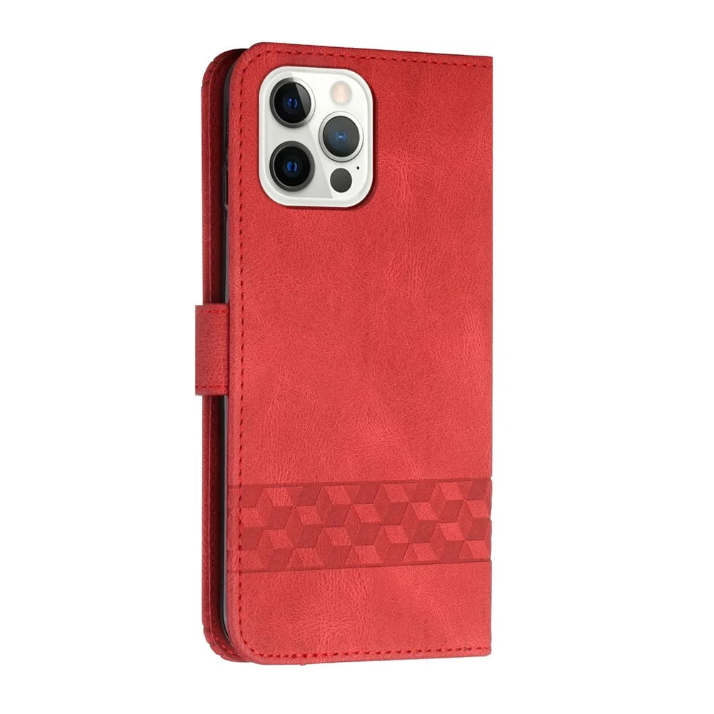 YX0010 Series for iPhone 15 Pro Imprinted Cell Phone Wallet Cover Folding Stand PU Leather Case - Red - 5