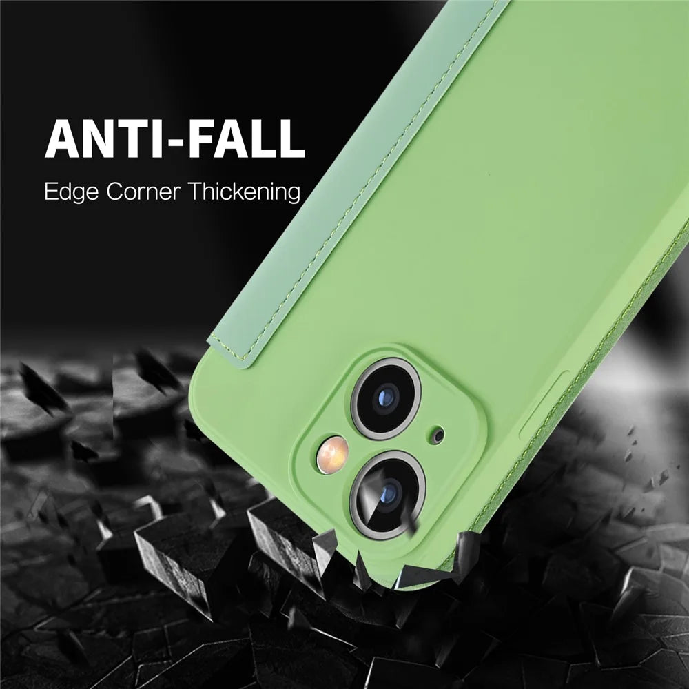 Skin-touch Phone Cover for iPhone 15 Plus , Card Holder Kickstand Liquid Silicone Protective Case - Matcha Green - 5