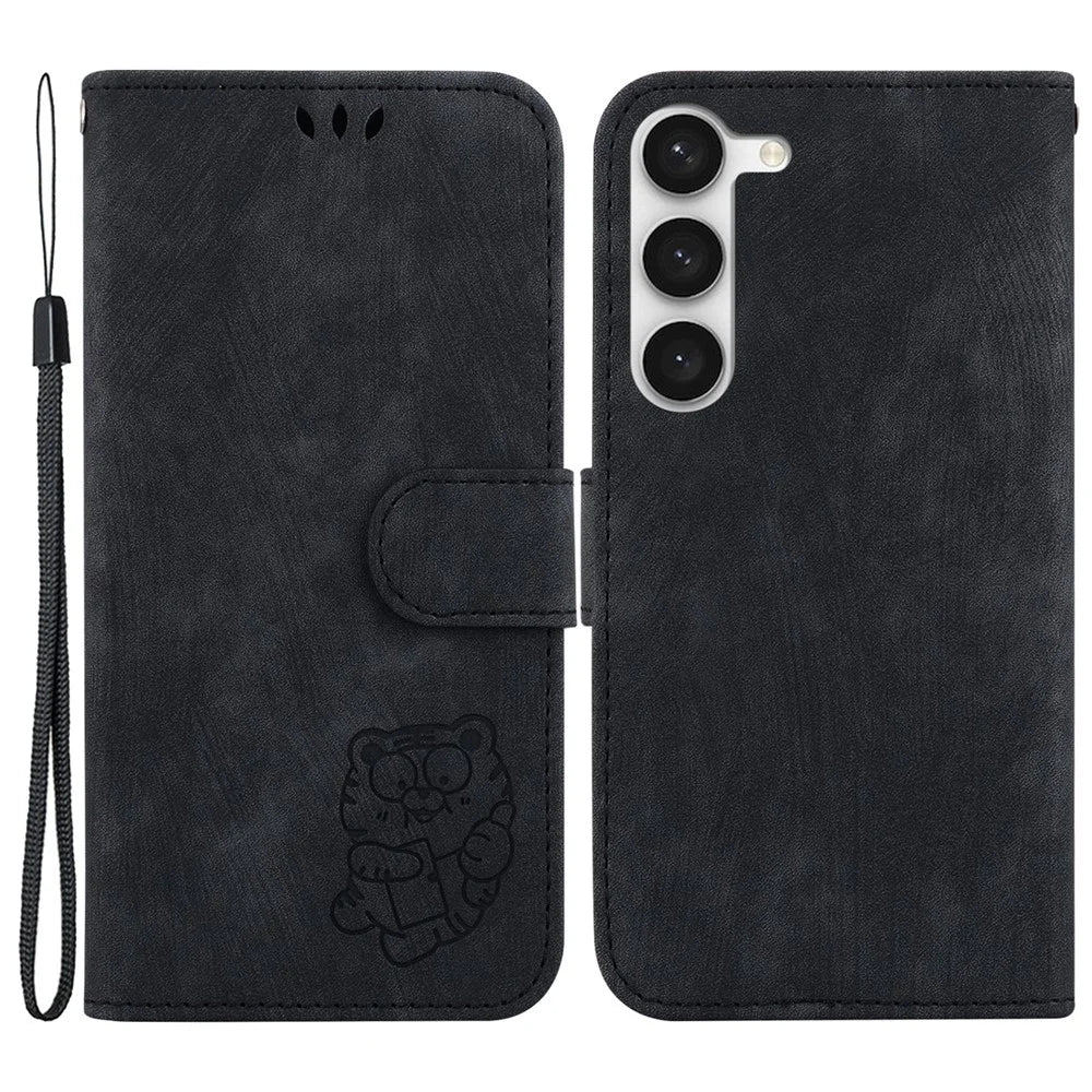 For Samsung Galaxy S23 PU Leather Wallet Stand Protection Cover Cute Tiger Imprint Phone Case - Black - 1