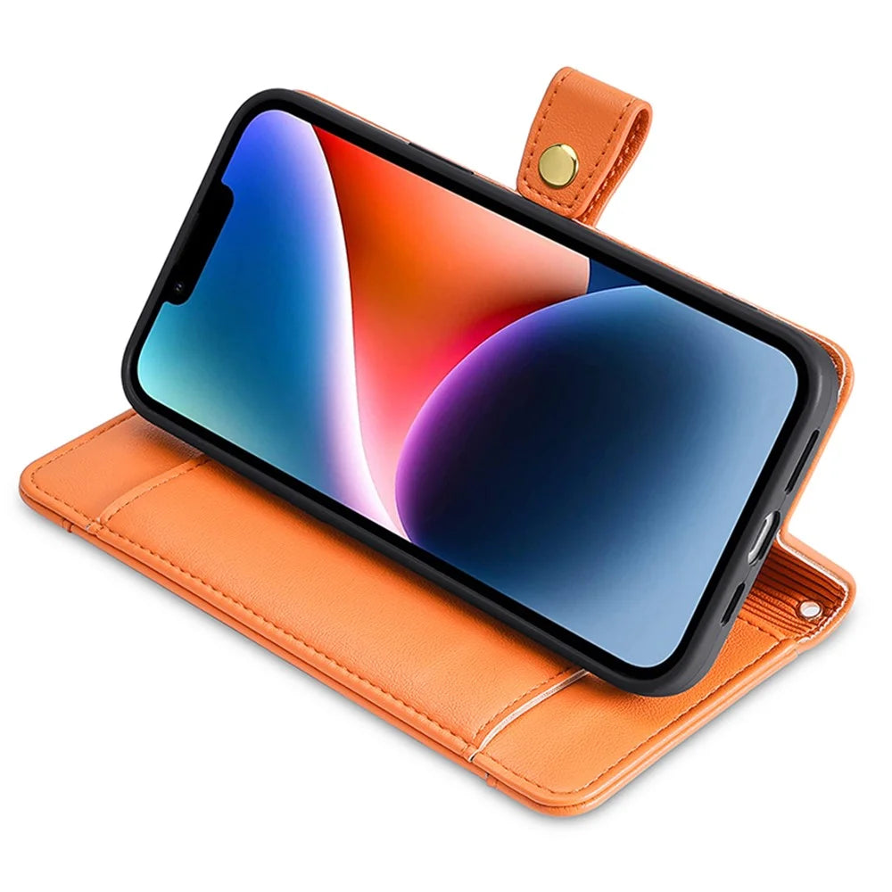 Phone Case Wallet for iPhone 15 , Zipper Pocket PU Leather Stand Card Slots Cover with Wrist Strap and Shoulder Strap - Orange - 4