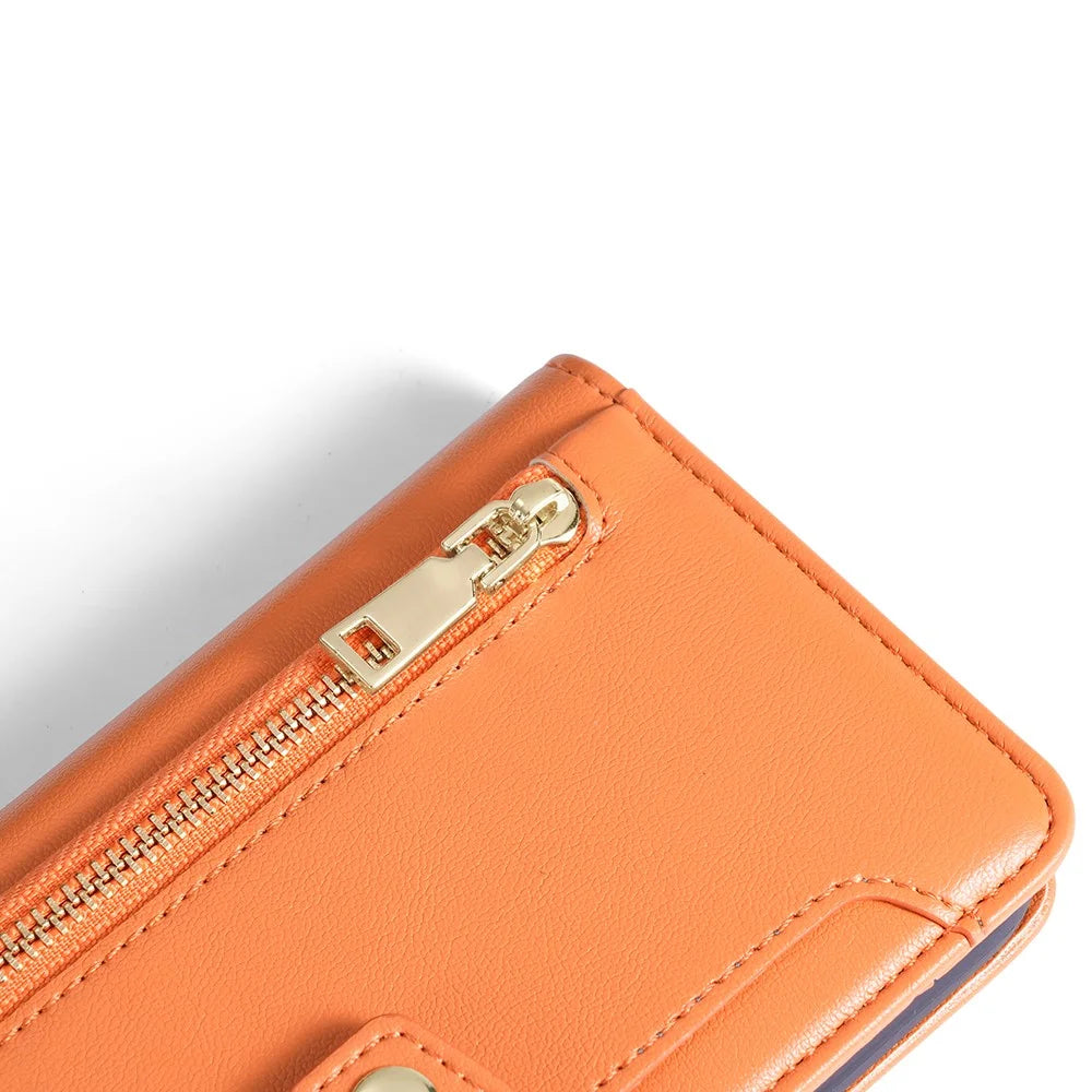Phone Case Wallet for iPhone 15 , Zipper Pocket PU Leather Stand Card Slots Cover with Wrist Strap and Shoulder Strap - Orange - 5