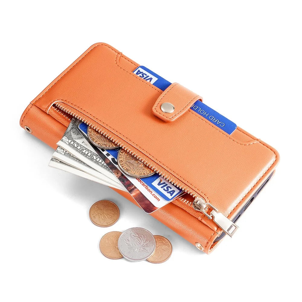 Phone Case Wallet for iPhone 15 , Zipper Pocket PU Leather Stand Card Slots Cover with Wrist Strap and Shoulder Strap - Orange - 6