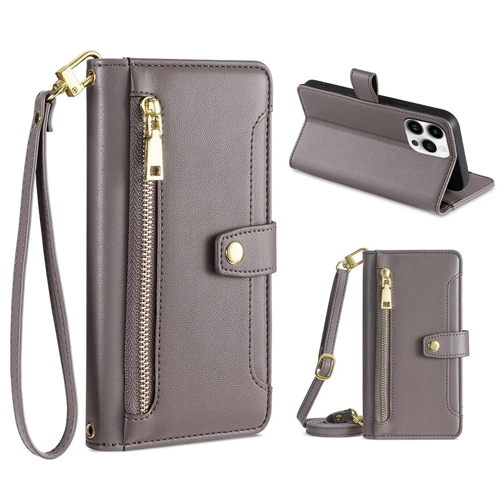 For iPhone 15 Pro Zipper Credit Card Holder Case PU Leather Stand Wallet Phone Cover with Wrist Strap and Shoulder Strap - Grey - 1