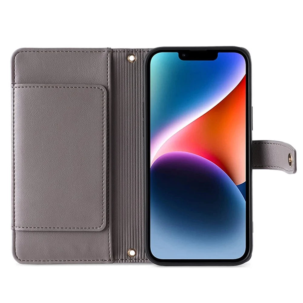For iPhone 15 Pro Zipper Credit Card Holder Case PU Leather Stand Wallet Phone Cover with Wrist Strap and Shoulder Strap - Grey - 2