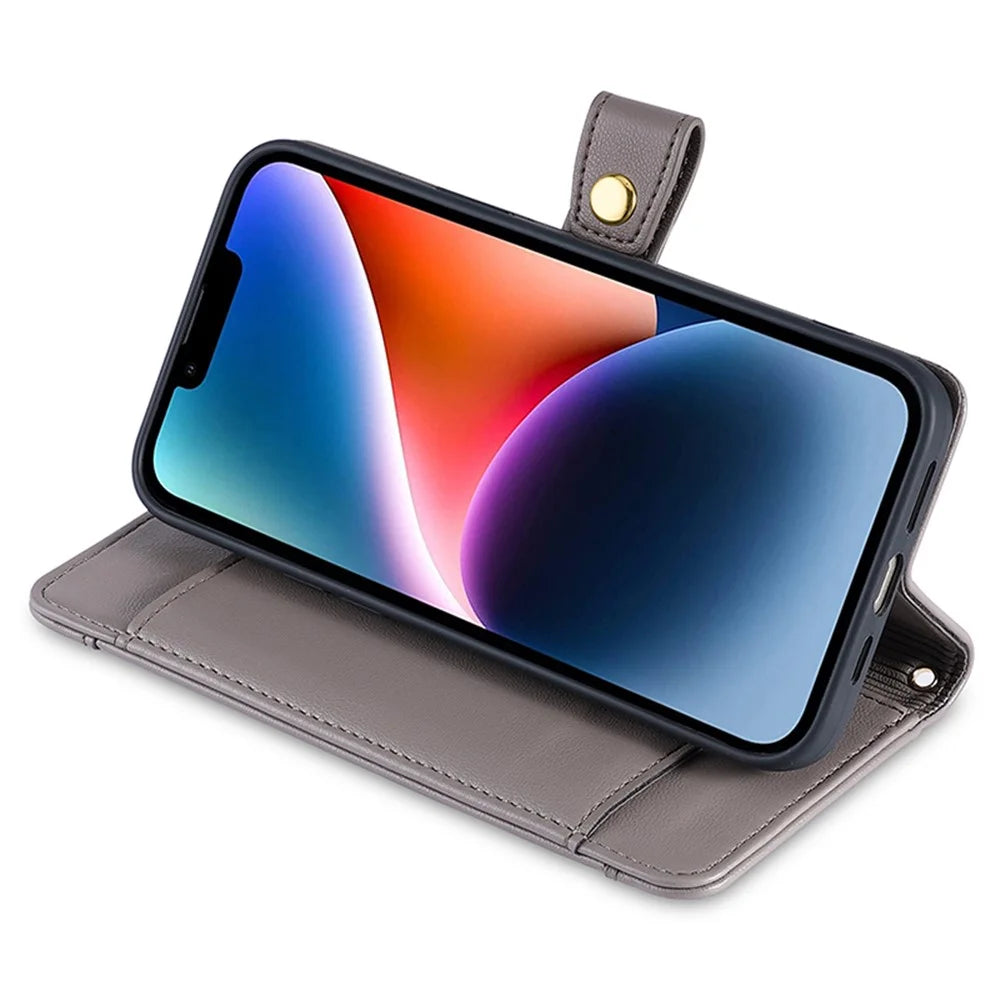 For iPhone 15 Pro Zipper Credit Card Holder Case PU Leather Stand Wallet Phone Cover with Wrist Strap and Shoulder Strap - Grey - 5