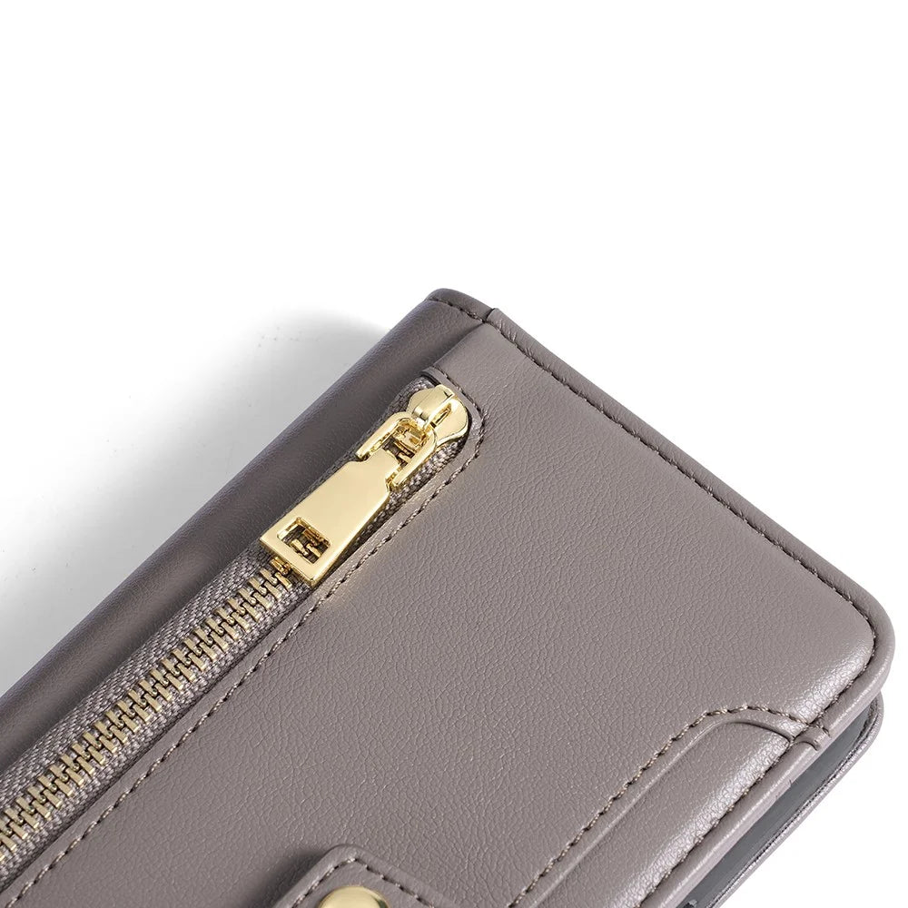 For iPhone 15 Pro Zipper Credit Card Holder Case PU Leather Stand Wallet Phone Cover with Wrist Strap and Shoulder Strap - Grey - 6