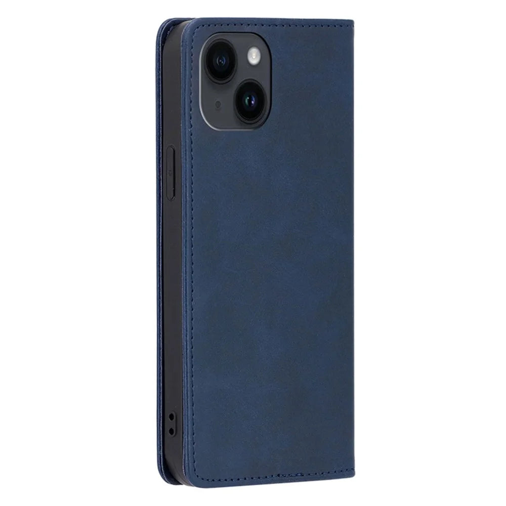 Leather Phone Case for iPhone 15 Plus Calf Texture Wallet Stand Shockproof Cover - Sapphire - 6