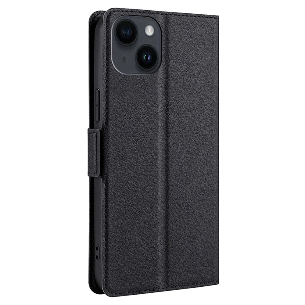 For iPhone 15 Card Slot Phone Case TPU+PU Leather Shell Shockproof Phone Stand Cover - Black - 7