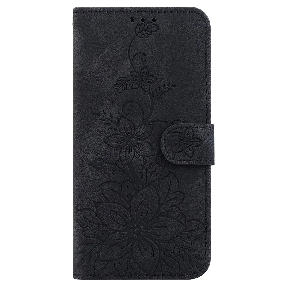 For Samsung Galaxy A34 5G Leather Wallet Phone Case Imprinted Lily Flower Folding Stand Cover - Black - 7