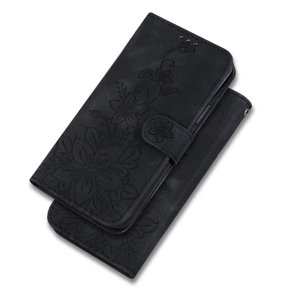For Samsung Galaxy A24 4G (162.1 x 77.6 x 8.3mm) Imprinted Lily Flower Phone Shell PU Leather Wallet Case with Stand - Black - 6