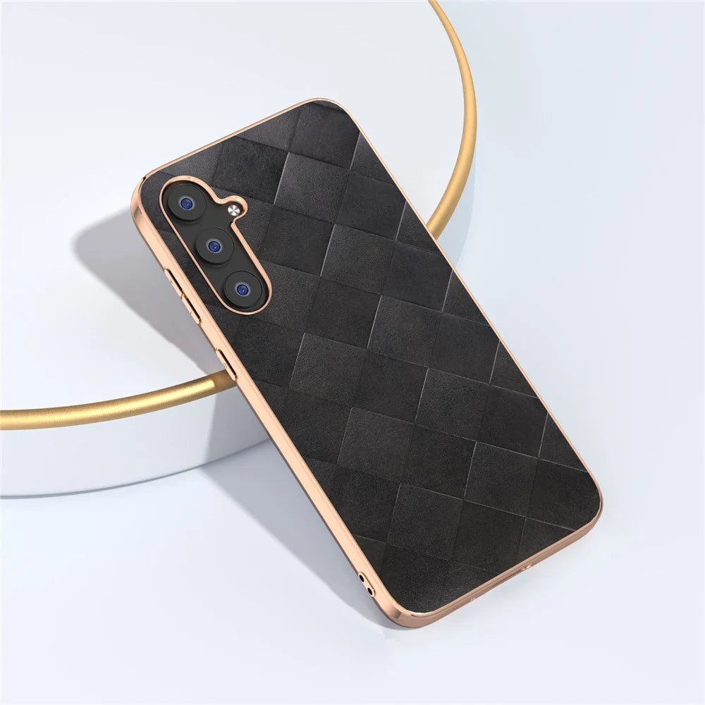 For Samsung Galaxy S23 FE Shockproof Grid Texture Phone Case Genuine Cowhide Leather+PC+TPU Electroplating Cover - Black - 2