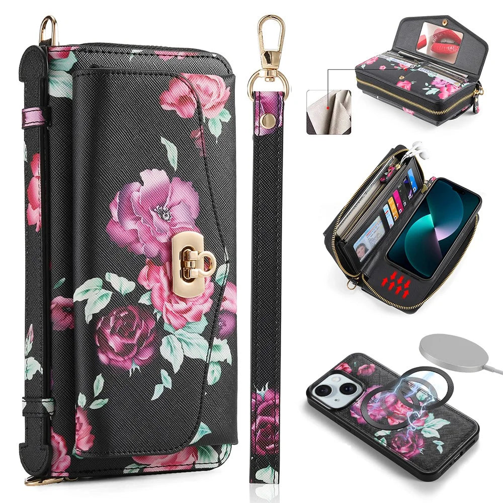 POLA Style 001 For iPhone 15 Detachable 2-in-1 Phone Case with Flower Pattern RFID Blocking PU Leather Wallet - Black - 1