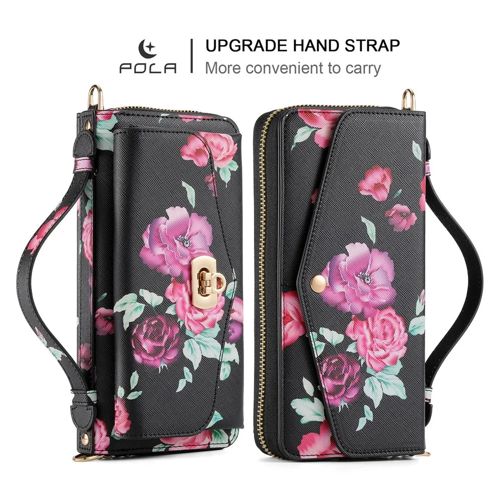 POLA Style 001 For iPhone 15 Pro PU Leather Wallet Phone Case Flower Pattern RFID Blocking Detachable Phone Cover - Black - 2
