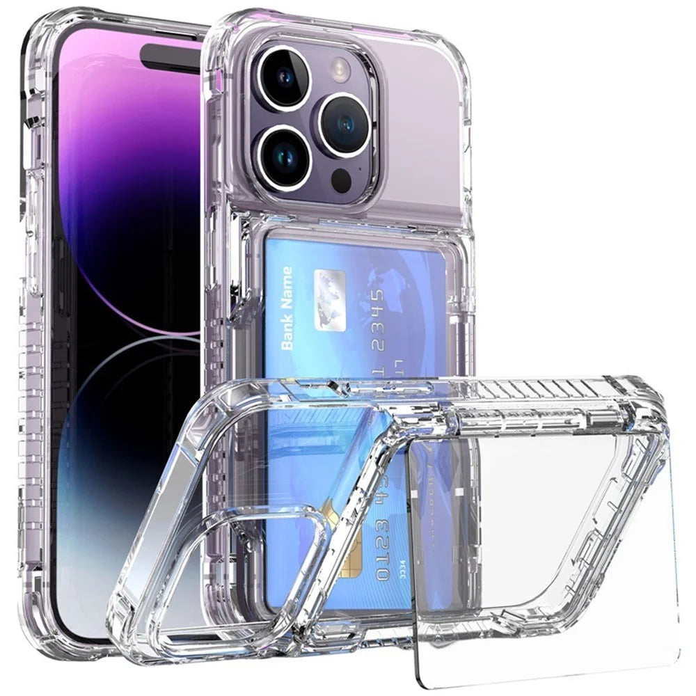 For iPhone 15 Plus Transparent Phone Cover Dustproof PC + TPU Phone Case with Kickstand Card Holder - Transparent - 1
