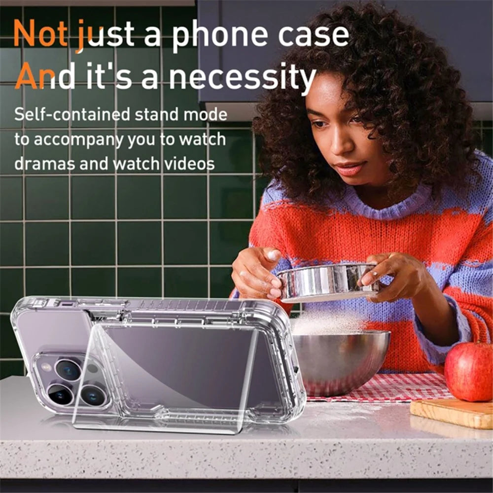For iPhone 15 Plus Transparent Phone Cover Dustproof PC + TPU Phone Case with Kickstand Card Holder - Transparent - 6