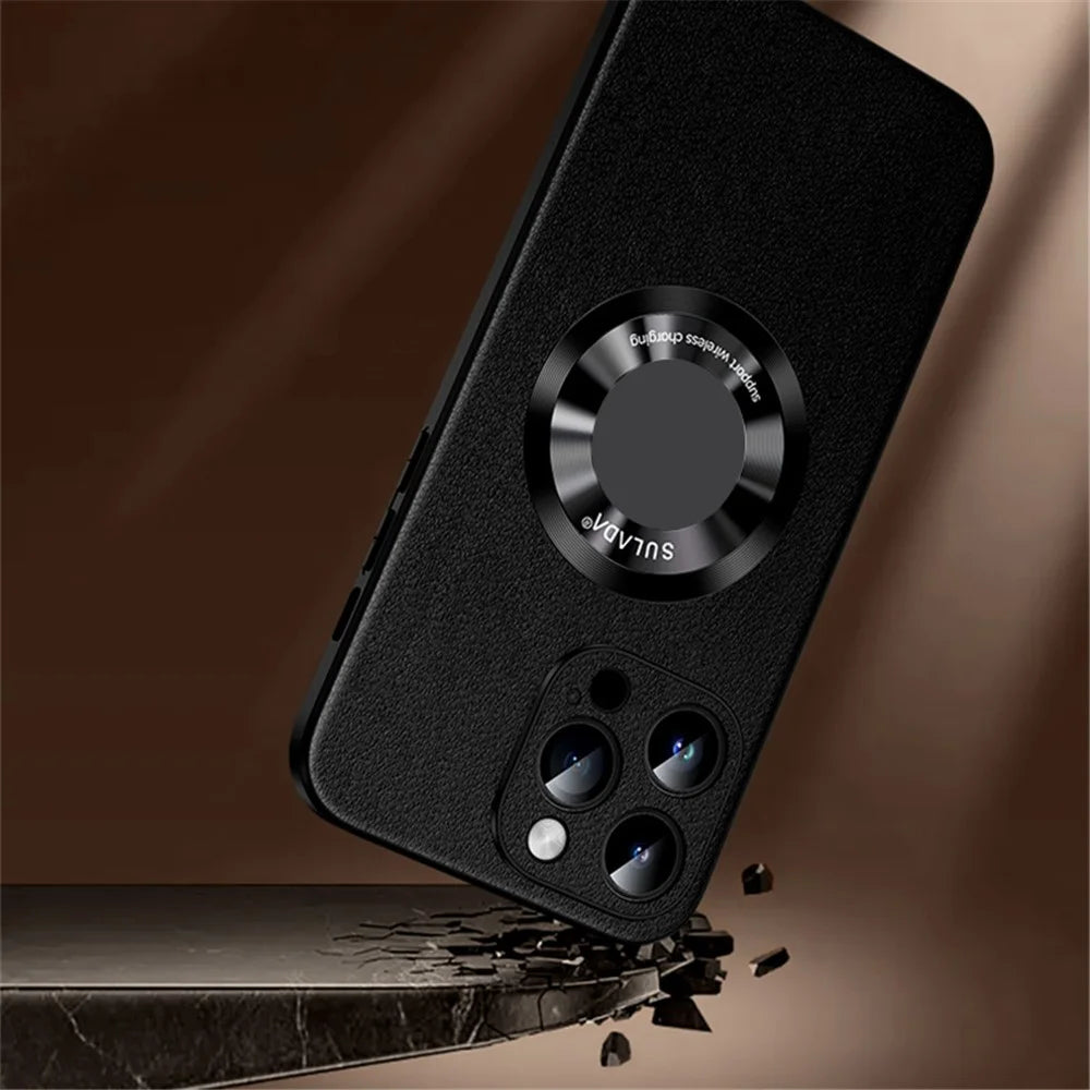 SULADA For iPhone 15 Pro Max Cowhide Texture Anti-scratch Cover PU Leather+TPU Phone Case Compatible with MagSafe - Black - 6